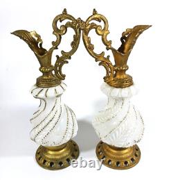 Antique Baroque Sculptural Candlestick Ewer Pair White Milk Glass Brass Vintage