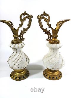 Antique Baroque Sculptural Candlestick Ewer Pair White Milk Glass Brass Vintage