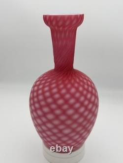 Antique Beautiful Fine Art Glass Vase Pink Geometric White Milk Glass Interior
