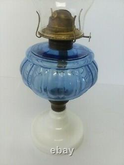 Antique Blue Font Oil Lamp White Milk Glass Base Eagle Burner