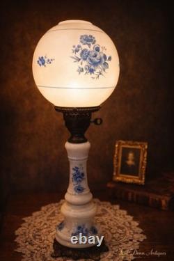 Antique Blue & White Milk Glass Oil Lamp Floral Globe Converted Electric Parlor