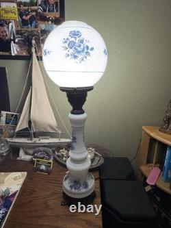 Antique Blue & White Milk Glass Oil Lamp Floral Globe Converted Electric Parlor