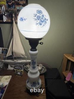 Antique Blue & White Milk Glass Oil Lamp Floral Globe Converted Electric Parlor