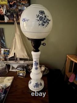 Antique Blue & White Milk Glass Oil Lamp Floral Globe Converted Electric Parlor