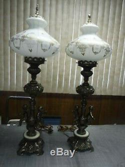 Antique Brass Lamp Cherubs White Milk Glass Globe