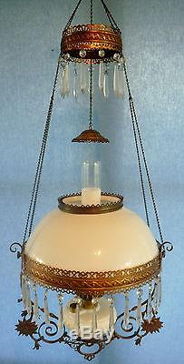 Antique Brass & Milk Glass Hanging Ceiling Parlor Oil Lamp Light GWTW Prisms