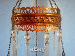 Antique Brass & Milk Glass Hanging Ceiling Parlor Oil Lamp Light GWTW Prisms