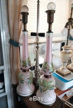 Antique Bristol Glass Pink & White Opaline Floral Milk Glass Lamps