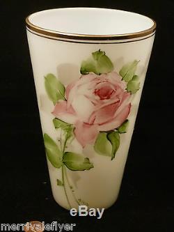Antique Bristol Glass VASE Victorian Big! DELUXE HANDPAINTED MILK GLASS ROSES