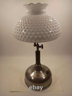 Antique Coleman Quick-Lite Table Lamp Chrome Base White Hobnail Milk Glass Shade