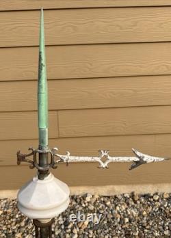 Antique Copper Lightning Rod Weathervane & White Milk Glass Indicator Ball 36 T
