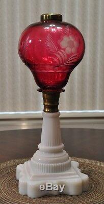 Antique Cranberry cut to clear overlay font on white milk glass fancy base