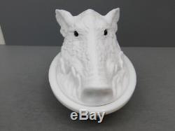 Antique Desirable Milk Glass Atterbury Boar's Head Covered Dish Patented 1888