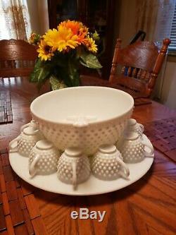 Antique Fenton Punch Bowl Set Milk Glass Hobnail Glass Lad / Torte Plate 13 Cups