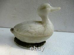 Antique French Eapg Vallerysthal Milk Glass Standing Duck Covered Butter Dish F