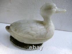 Antique French Eapg Vallerysthal Milk Glass Standing Duck Covered Butter Dish F