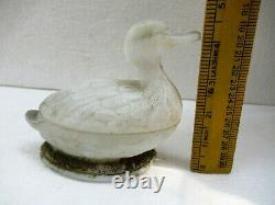 Antique French Eapg Vallerysthal Milk Glass Standing Duck Covered Butter Dish F