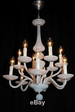 Antique French Opaline Milk glass chandelier 2 tier 12 arms lights France