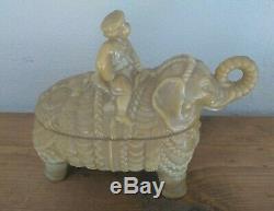 Antique French Vallerysthal Milk Glass Man on Elephant Covered Butter candy Dish