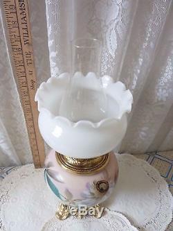 Antique GWTW Brass Parlor Lamp with Floral Motif White Milk Glass Ruffled Shade