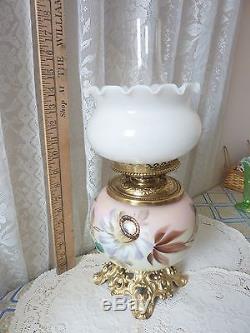 Antique GWTW Brass Parlor Lamp with Floral Motif White Milk Glass Ruffled Shade