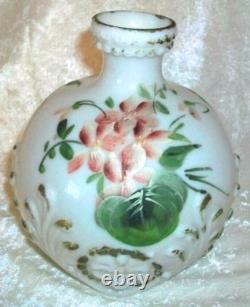 Antique Hand Painted Floral Dithridge White Milk Glass Lion Head Barber Bottle