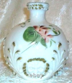 Antique Hand Painted Floral Dithridge White Milk Glass Lion Head Barber Bottle