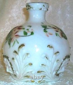 Antique Hand Painted Floral Dithridge White Milk Glass Lion Head Barber Bottle