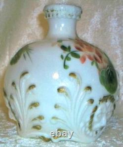Antique Hand Painted Floral Dithridge White Milk Glass Lion Head Barber Bottle
