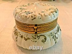Antique Hand Painted White Milk Glass Footed Trinket Box 5 Wide Gold Hardware