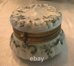 Antique Hand Painted White Milk Glass Footed Trinket Box 5 Wide Gold Hardware