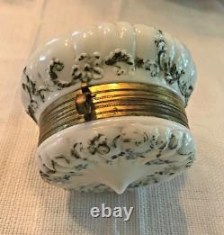 Antique Hand Painted White Milk Glass Footed Trinket Box 5 Wide Gold Hardware