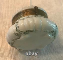 Antique Hand Painted White Milk Glass Footed Trinket Box 5 Wide Gold Hardware