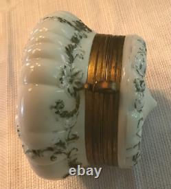 Antique Hand Painted White Milk Glass Footed Trinket Box 5 Wide Gold Hardware