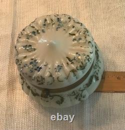 Antique Hand Painted White Milk Glass Footed Trinket Box 5 Wide Gold Hardware