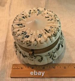 Antique Hand Painted White Milk Glass Footed Trinket Box 5 Wide Gold Hardware