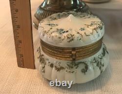 Antique Hand Painted White Milk Glass Footed Trinket Box 5 Wide Gold Hardware