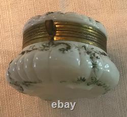 Antique Hand Painted White Milk Glass Footed Trinket Box 5 Wide Gold Hardware