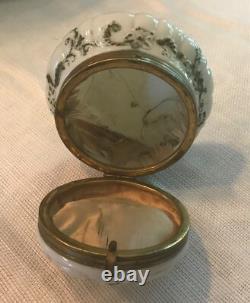 Antique Hand Painted White Milk Glass Footed Trinket Box 5 Wide Gold Hardware