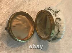Antique Hand Painted White Milk Glass Footed Trinket Box 5 Wide Gold Hardware