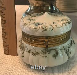 Antique Hand Painted White Milk Glass Footed Trinket Box 5 Wide Gold Hardware