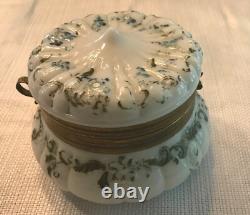 Antique Hand Painted White Milk Glass Footed Trinket Box 5 Wide Gold Hardware