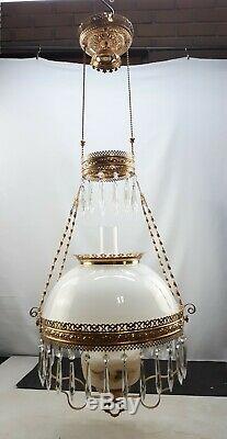 Antique Hanging Brass Library Parlor Oil Lamp White Milk Glass Shade And Font