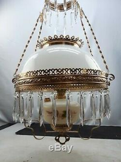 Antique Hanging Brass Library Parlor Oil Lamp White Milk Glass Shade And Font