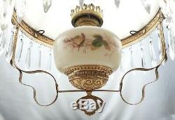 Antique Hanging Brass Library Parlor Oil Lamp White Milk Glass Shade And Font