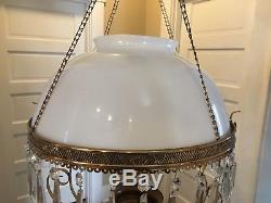 Antique Hanging Library Light Chandelier Prisms White Milk Glass Shade Parts
