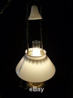 Antique Hanging Oil Lamp VICTORIAN vintage smoke bell milk glass shade BRASS