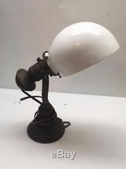 Antique Industrial Desk Lamp Brass Arm White Milk Glass Shade 1896 Engineer