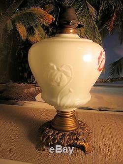 Antique Kerosene Oil Lamp Flowers On White Milk Glass Metal Base With Chimney