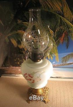 Antique Kerosene Oil Lamp Flowers On White Milk Glass Metal Base With Chimney